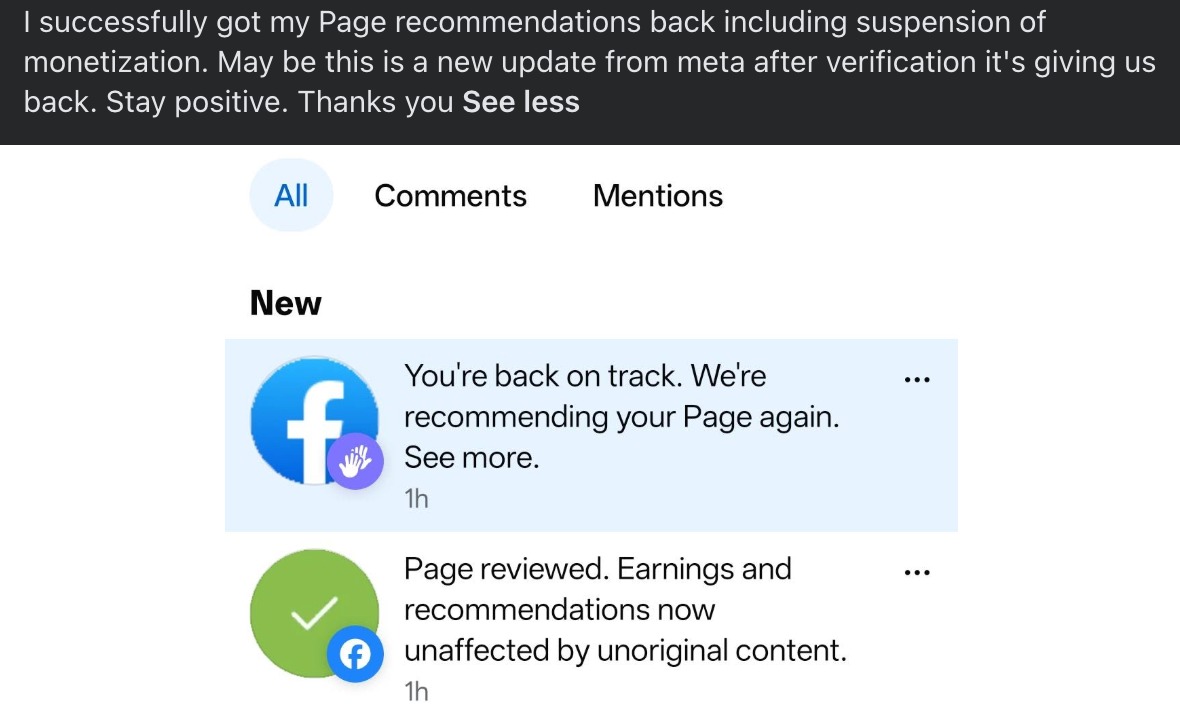 A page seeing recommendations and unoriginal-content violations reversed alongside monetization.