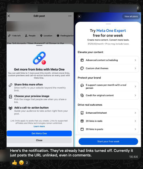 Facebook composer showing a link-limit notification with one link left, next to a Meta One Expert plan screen