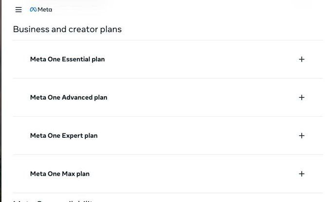 Meta help centre page listing four subscription plans, Essential, Advanced, Expert and Max