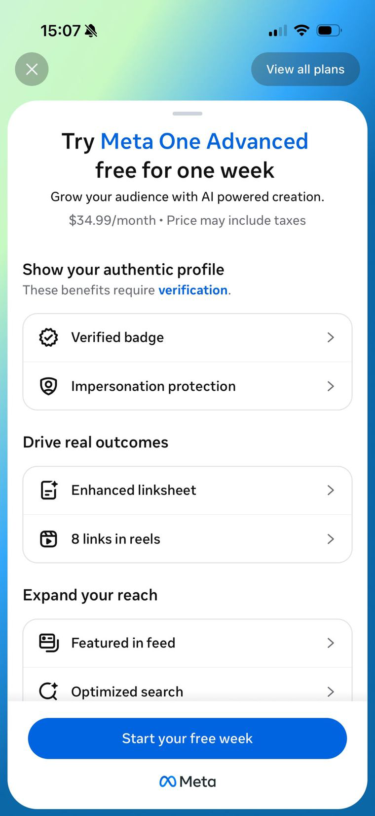 Meta One Advanced subscription screen at $34.99 a month