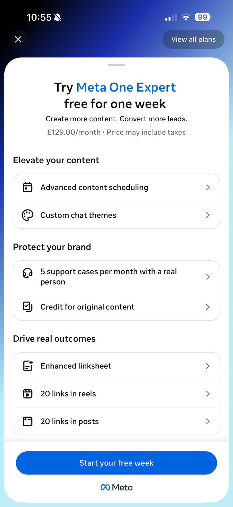 Meta One Expert subscription screen at £129.00 a month