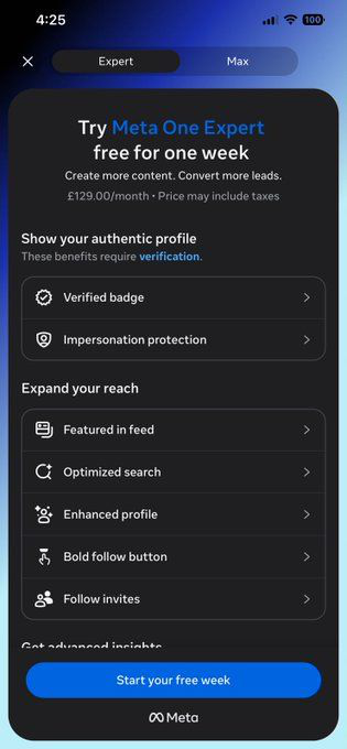 Meta One Expert tab showing £129.00 a month