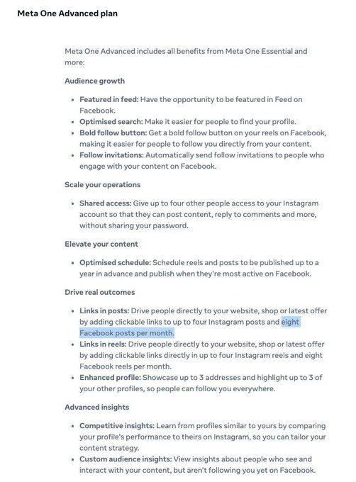 Meta One Advanced plan document listing four Instagram posts and eight Facebook posts a month with clickable links