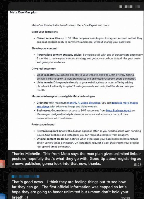 The Max plan document landing, confirming unlimited Facebook links in writing