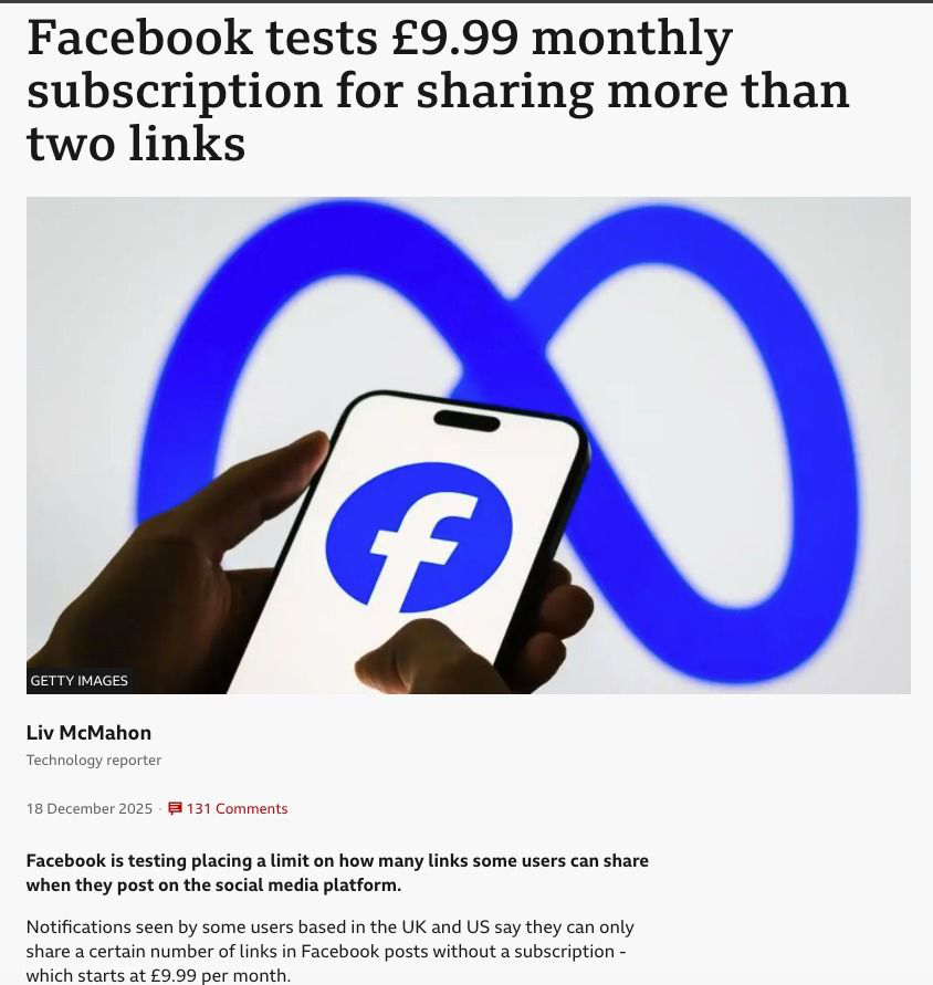 BBC News reporting from 18 December 2025 on Facebook testing a paid subscription for sharing more than two links, with registered news publishers exempt